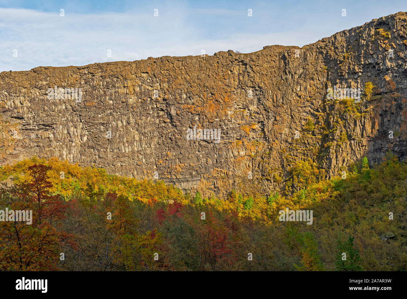 Schroffe Felsen ragen über die Herbstfarben in Asbyrgi, Island Stockfoto