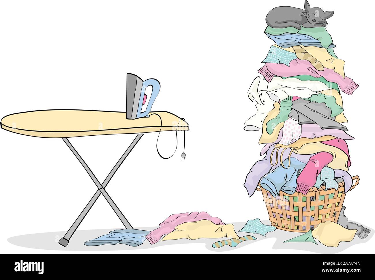 Bügeleisen und Bügelbrett mit hohen Stapel der Wäscherei in Korb mit Cat-gruppiert sind leicht zu bearbeiten. Stock Vektor