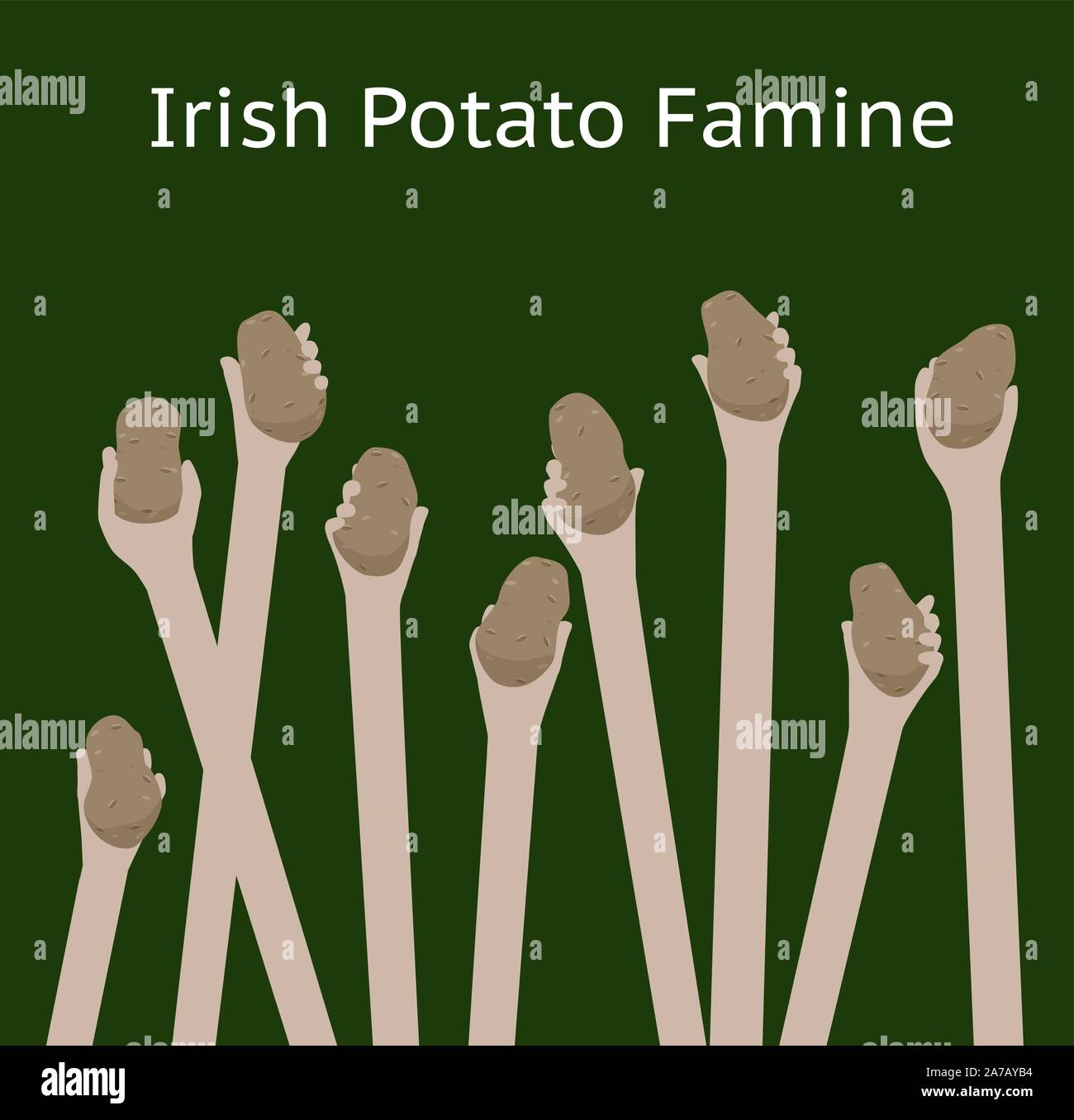 Irischen Hungersnot von Armut geplagten Hungernden Hände mit Kartoffeln - grüner Hintergrund Stock Vektor