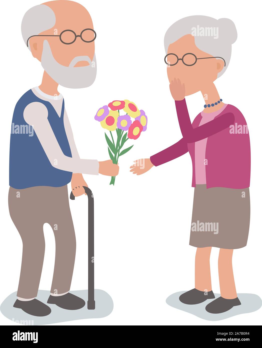 Lieben älteren Mann gibt Blumen für Frau - Vektor zeichen Körper Teile gegliedert und einfach zu bearbeiten - begrenzte Palette Stock Vektor