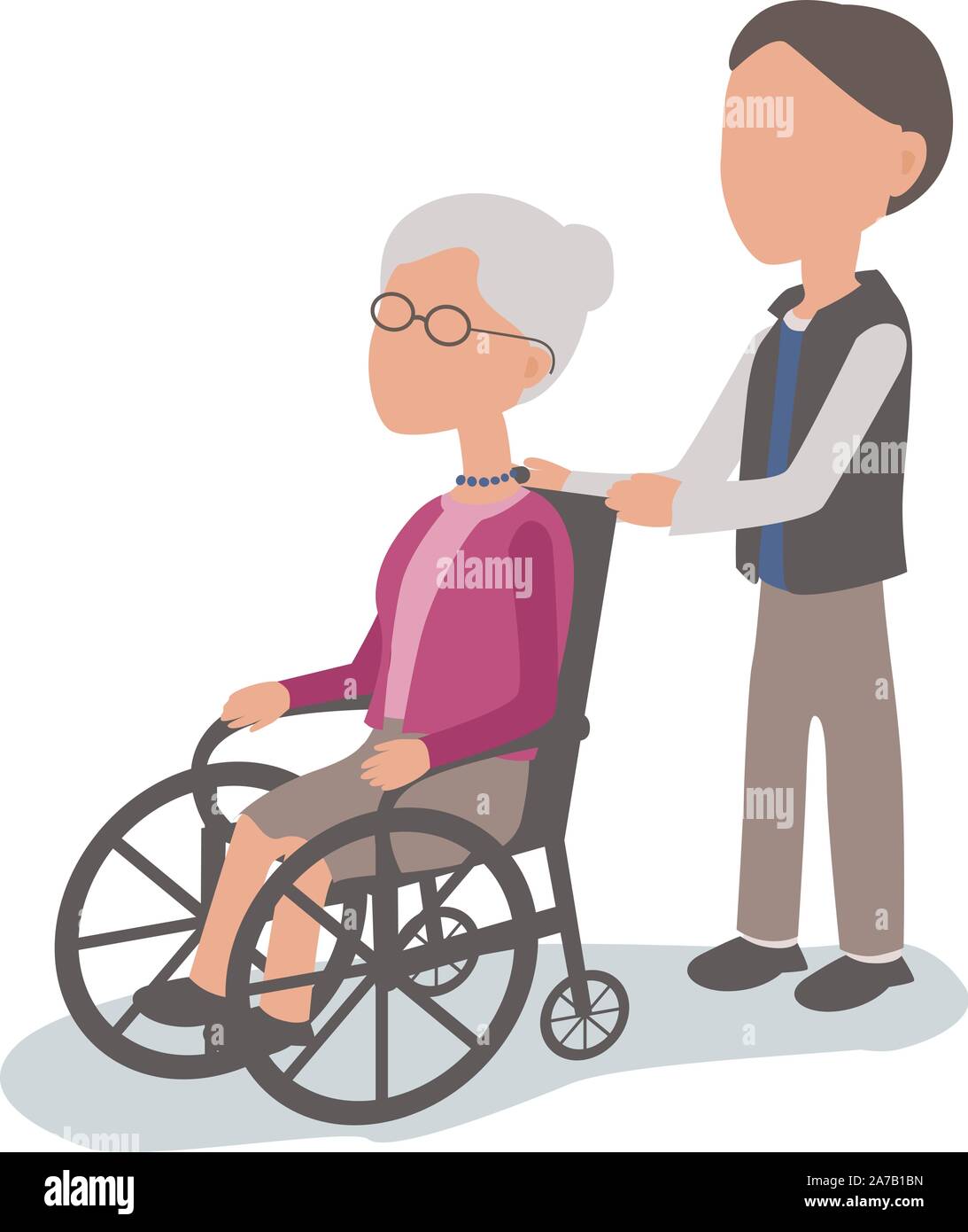 Sohn helfen ältere Frau im Rollstuhl - Vektor zeichen Körper Teile gegliedert und einfach zu bearbeiten - begrenzte Palette Stock Vektor