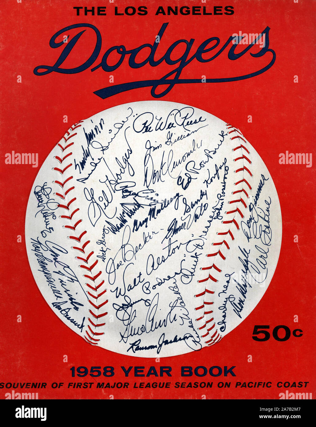 1958 Eröffnungs-Jahrbuch für die Los Angeles Dodgers, der gerade aus Brooklyn bewegt hatte und Plaid ihre erste Saison in der Memorial Coliseum in Los Angeles. Stockfoto