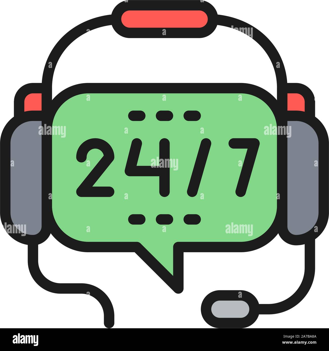 Kopfhörer mit Mikrofon, non stop Support flachen Farbe Symbol. Stock Vektor