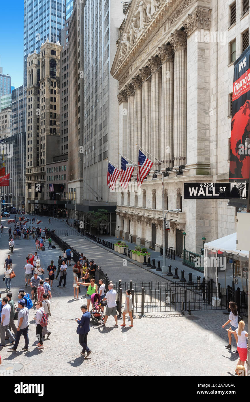 Berühmte Wall Street und dem New York Stock Exchange Stockfoto