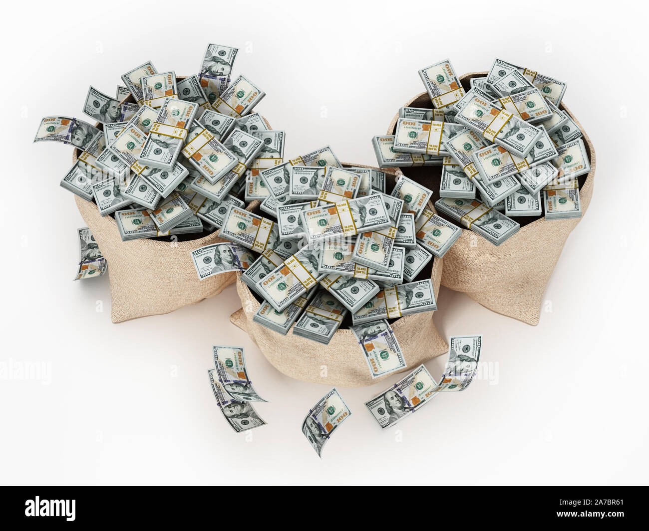 Säcke voller Geld auf weißem Hintergrund. 3D-Darstellung. Stockfoto