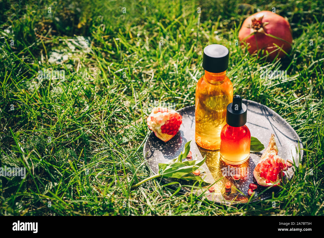 Granatapfel Kernöl, Molke in verschiedenen Flaschen auf eine dekorative Reibe. Lifestyle. Das Konzept der Anti-aging Organic Skin Care Stockfoto