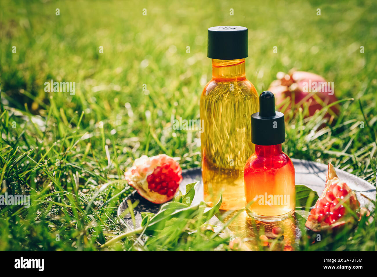 Granatapfel Kernöl, Serum in Glas Flasche auf eine dekorative Reibe, auf grünem Gras Hintergrund. Flach, Minimalismus. Konzept der Anti-aging organische Ski Stockfoto