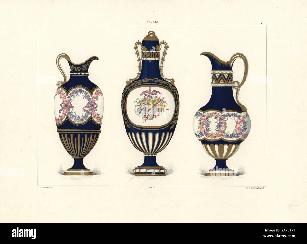 Fonds partiels (teilweise Hintergrund) Vasen: aiguiere (ewer), Bouteille (Flasche) an der hinteren Seite verziert mit einem pastorale Szene und Bürette (Krug). Durch chromolithograph Gillot einer Illustration von Edouard Garnier aus der Weiche Paste Porzellan von Sevres, Maison Quantin, Paris, 1891. Stockfoto