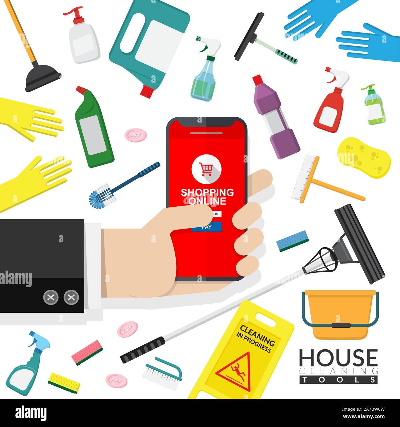 Der Vektor der online Werbung der Reinigung Werkzeuge Vertrieb. Hand Handy für Online Shopping mit Haushaltswaren Reinigungsmittel, auszurüsten Stock Vektor
