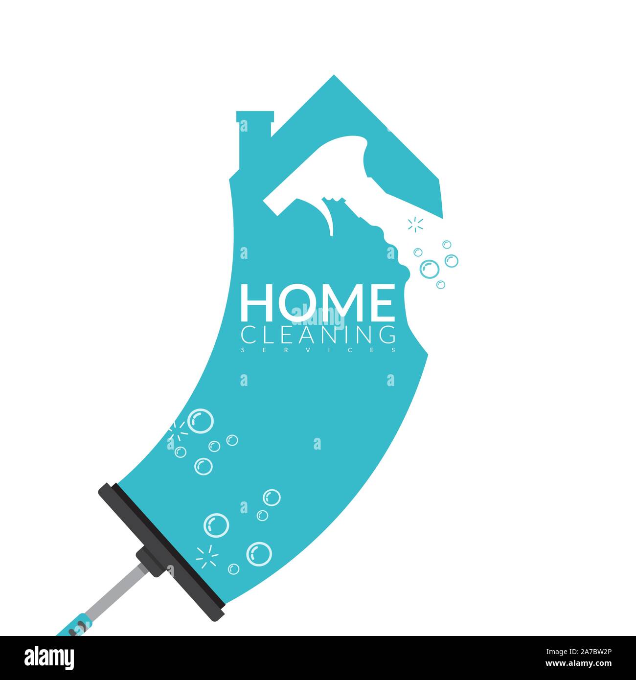 Der Vektor der Rakel Schaben auf Haus Form in blauer Farbe mit Sprühflasche und Schaumstoff Overlay. home Reinigung Service Business banner templa Stock Vektor