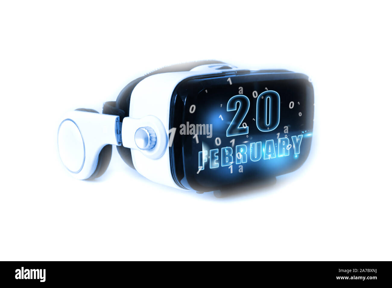 Februar 20th. 20. Tag des Monats, Kalender Datum Monat und Tag leuchtet auf Virtual reality Helm oder VR-Brille. Virtuelle Technologien, Zukunft, 3D-Realität, v Stockfoto