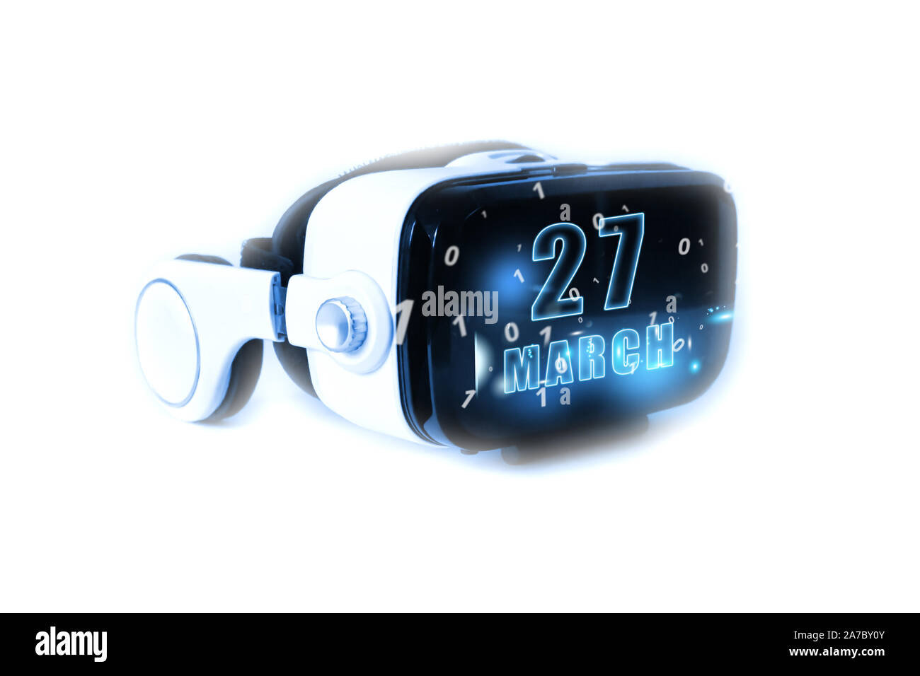 27. März. Tag 27 Monat, Datum Tag und Monat leuchtet auf Virtual reality Helm oder VR-Brille. Virtuelle Technologien, Zukunft, 3D-Realität, Virt Stockfoto