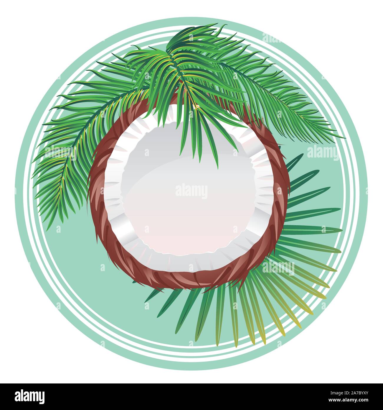 Ausführliche Darstellung der leckere Kokosnuss Hälfte mit Palmblättern Hintergrund. Stock Vektor