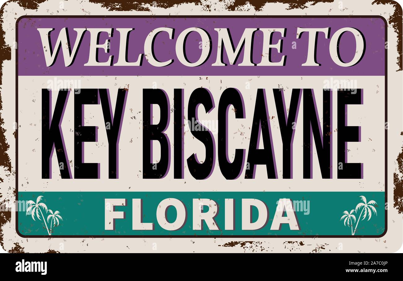 Auf Key Biscayne Florida Zinn verrostete Zeichen auf weißem Hintergrund Willkommen Stock Vektor