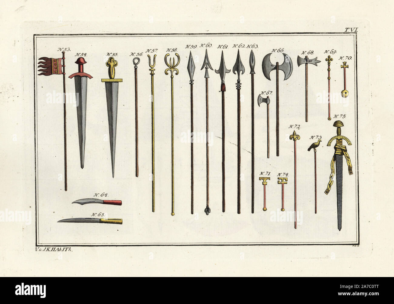 Angelsächsische Flagge 53, Schwerter 54,55, Slingshot 56, lehramtlichen Personal 57,58, 74 59-63, Dolche, Lanzen, 64,65 DOUBLE HEADED AXE der Dänen namens Bipennis 66, Dänische Achsen 67-68, Angelsächsische Zepter 69-73 und eine Angelsächsische Schwert mit Bejeweled Griff und Scheide 75. Papierkörbe Kupferstich von Paul Weindl von Robert von Spalart's 'historisches Bild der Kostüme der wichtigsten Menschen der Antike und des Mittelalters, 'Chez Collignon, Metz, 1810. Stockfoto