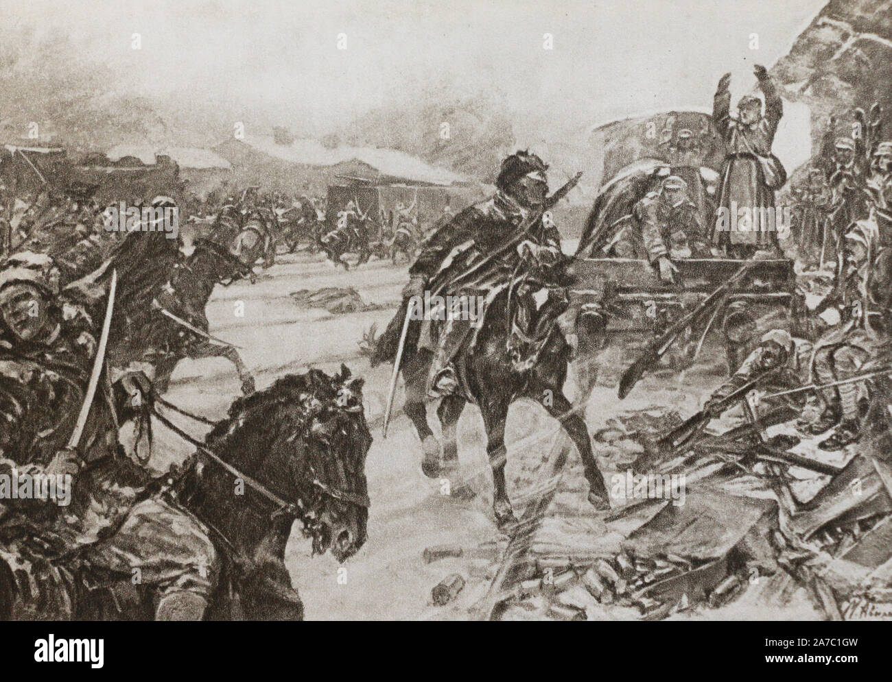 Erfassung von Kastornaya Station durch Budenny's horse Corps. Gemälde von Avilov M.I. Stockfoto