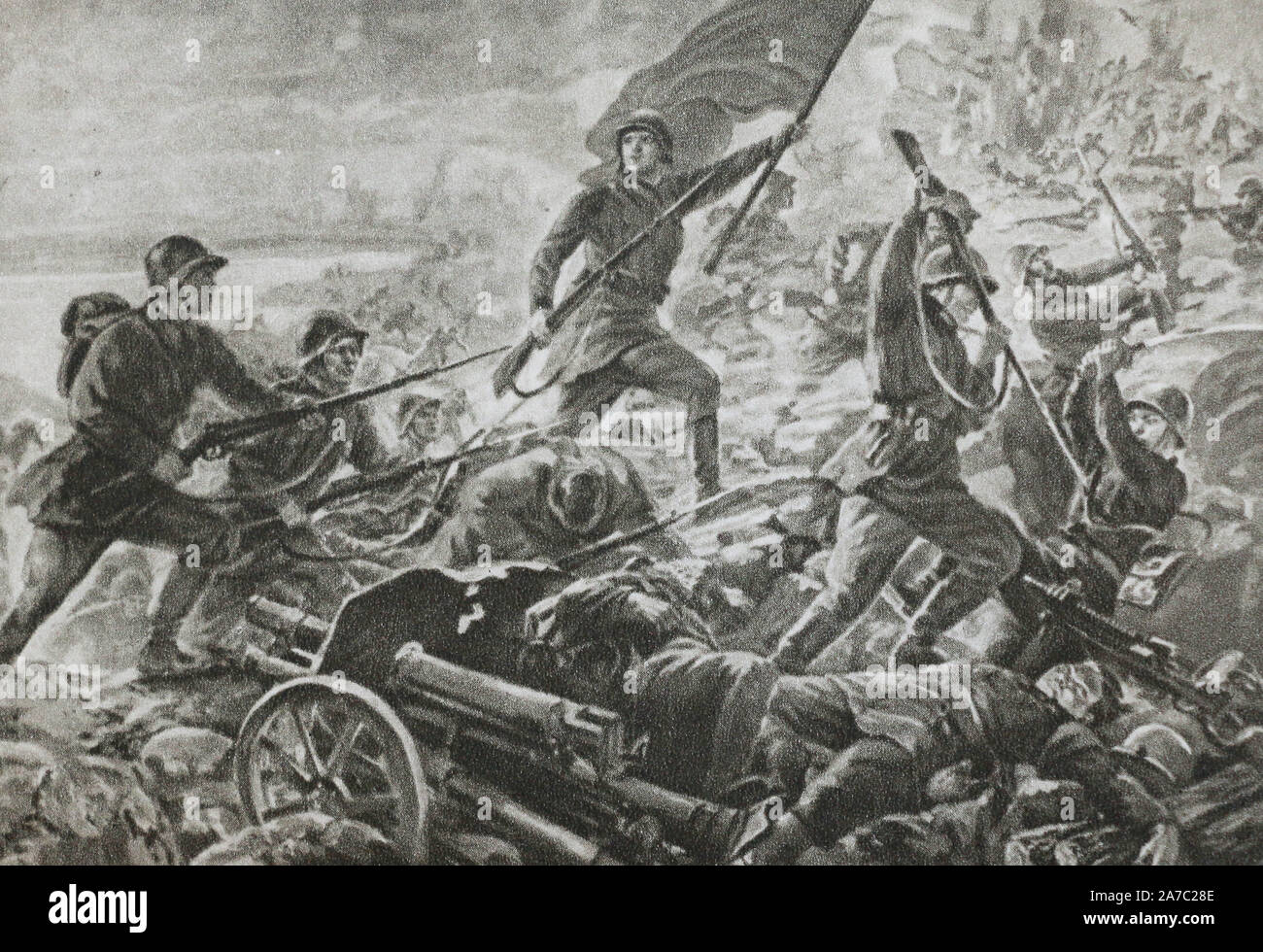 Held der Sowjetunion Leutnant I.N. Moshlyak in der Schlacht von See Khasan. Gemälde von Marize M.A. Stockfoto