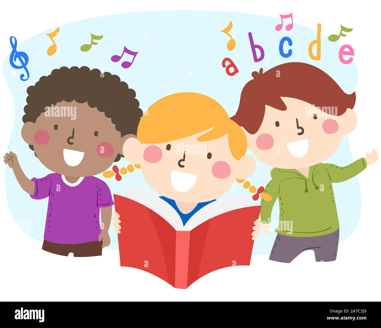 Abbildung: Kinder mit Buch, Noten und das Alphabet. Musik Geschichte Reime Stockfoto