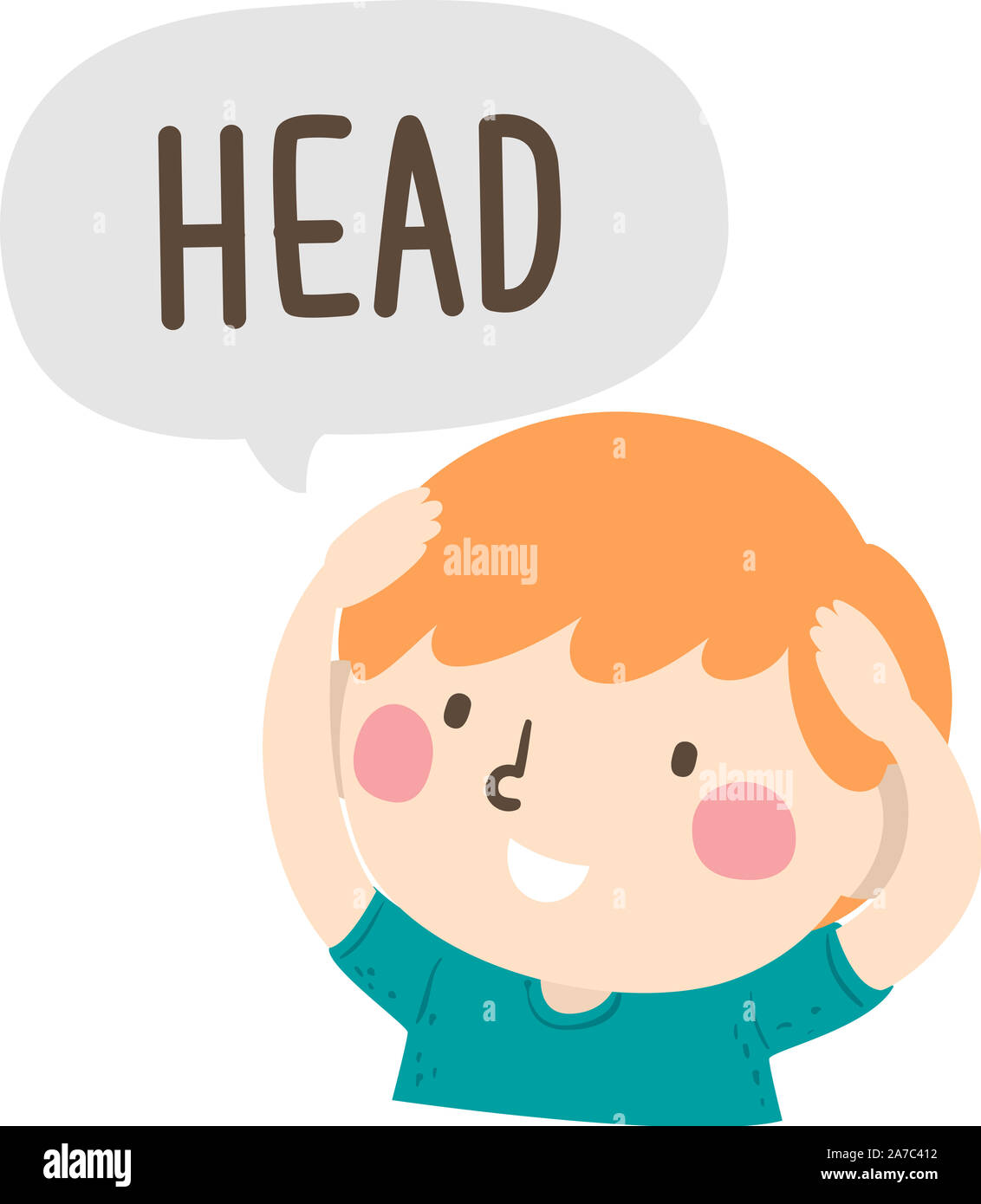 Abbildung: ein Kind Junge hielt seinen Kopf und sagen Kopf als Teil der Benennung Körperteile Serie Stockfoto