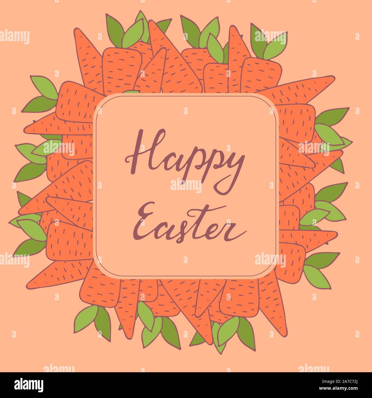 Handdrawn Rahmen mit Ostern Karotte Dekoration. Hand Schriftzug Grussformel Frohe Ostern. Mit rechteckigem Rahmen für Begrüßungen, saisonalen Verkäufe, Plakate, Werbe Stock Vektor