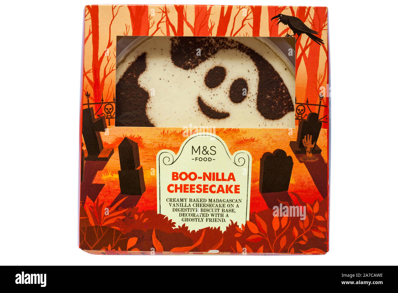 Buh - nilla Käsekuchen von M&S isoliert auf weißem Hintergrund - ideal für Halloween, Geist Stockfoto