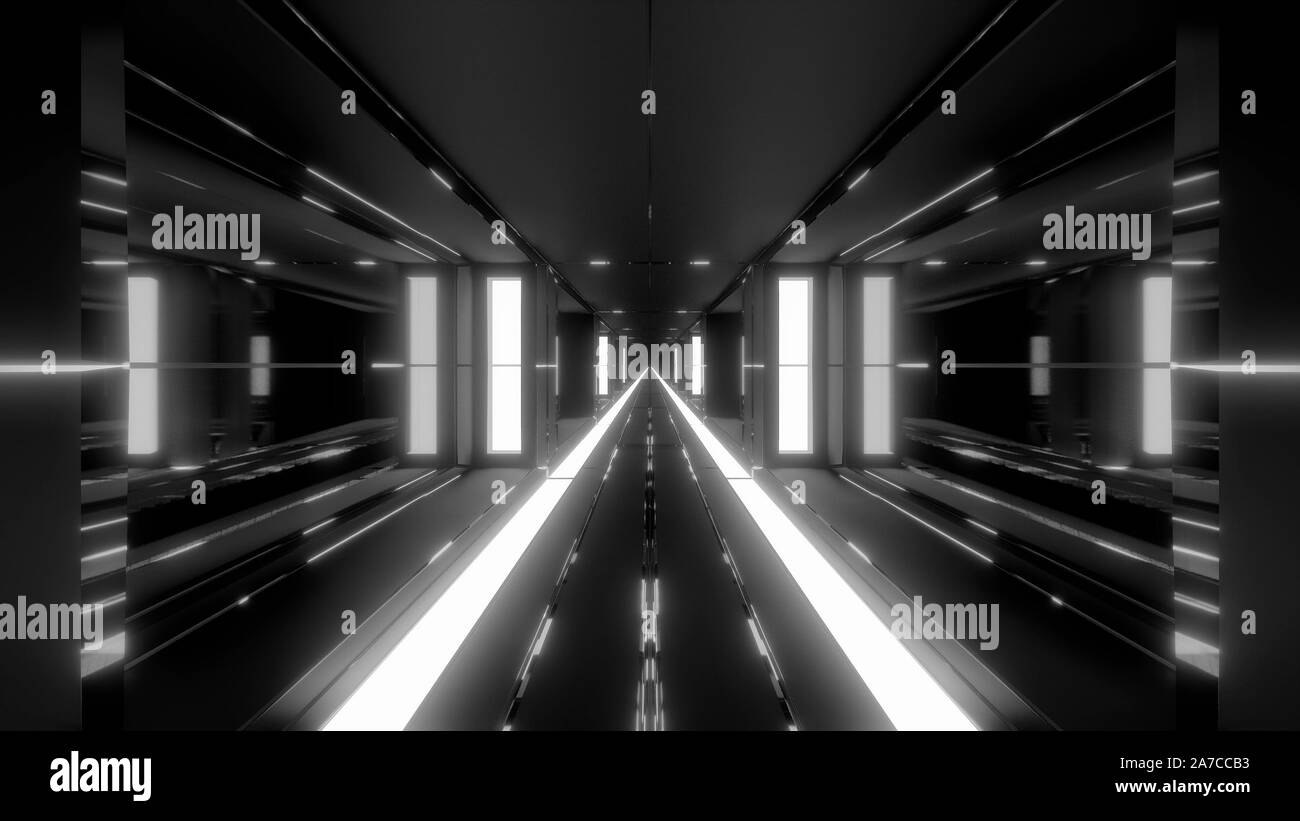 Sauber futuristische Scifi tunnel Korridor mit Glasfenster und endlos heißes Metall 3D-Illustration Hintergrundbild Stockfoto