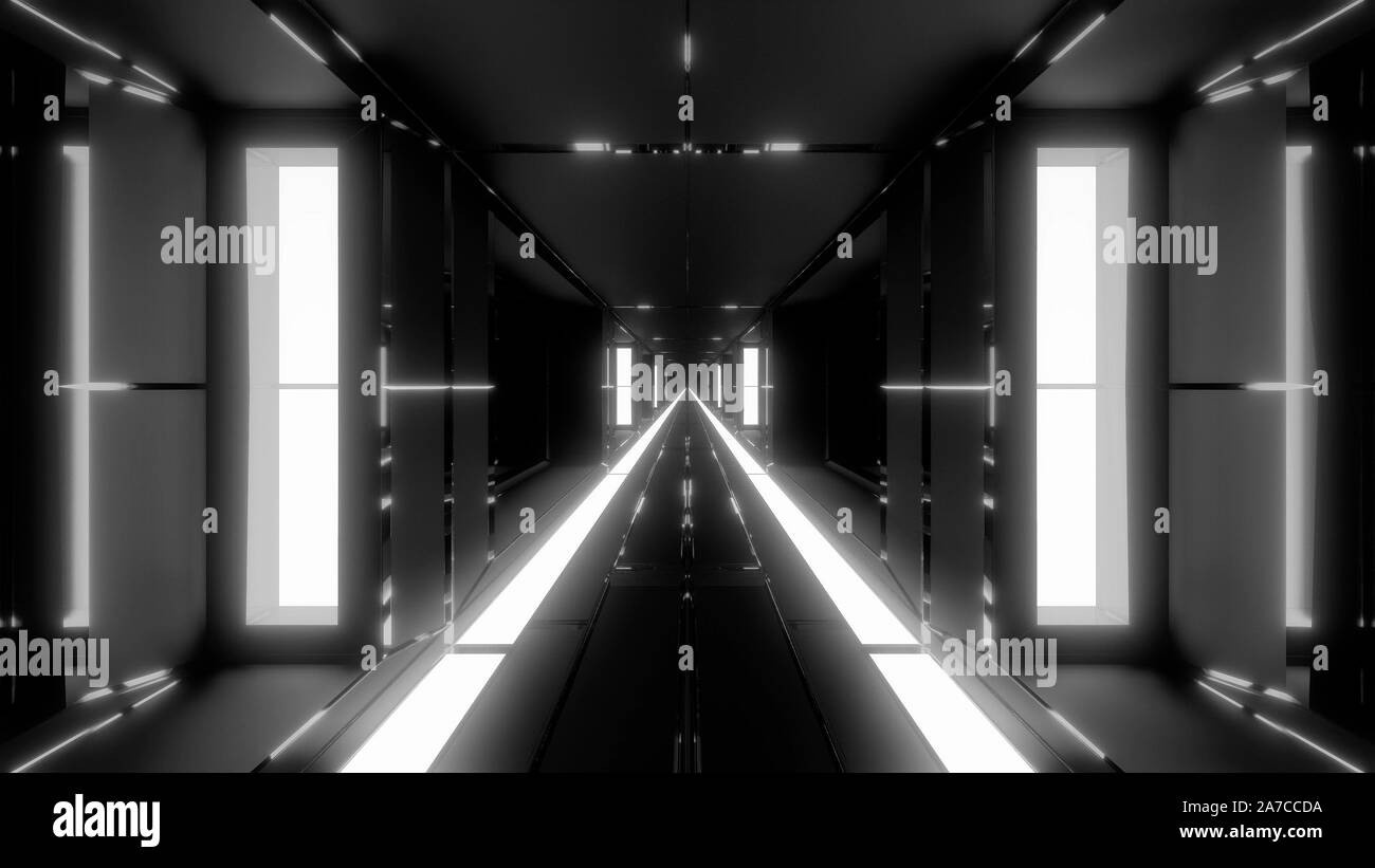 Sauber futuristische Scifi tunnel Korridor mit Glasfenster und endlos heißes Metall 3 Abbildung d Stockfoto