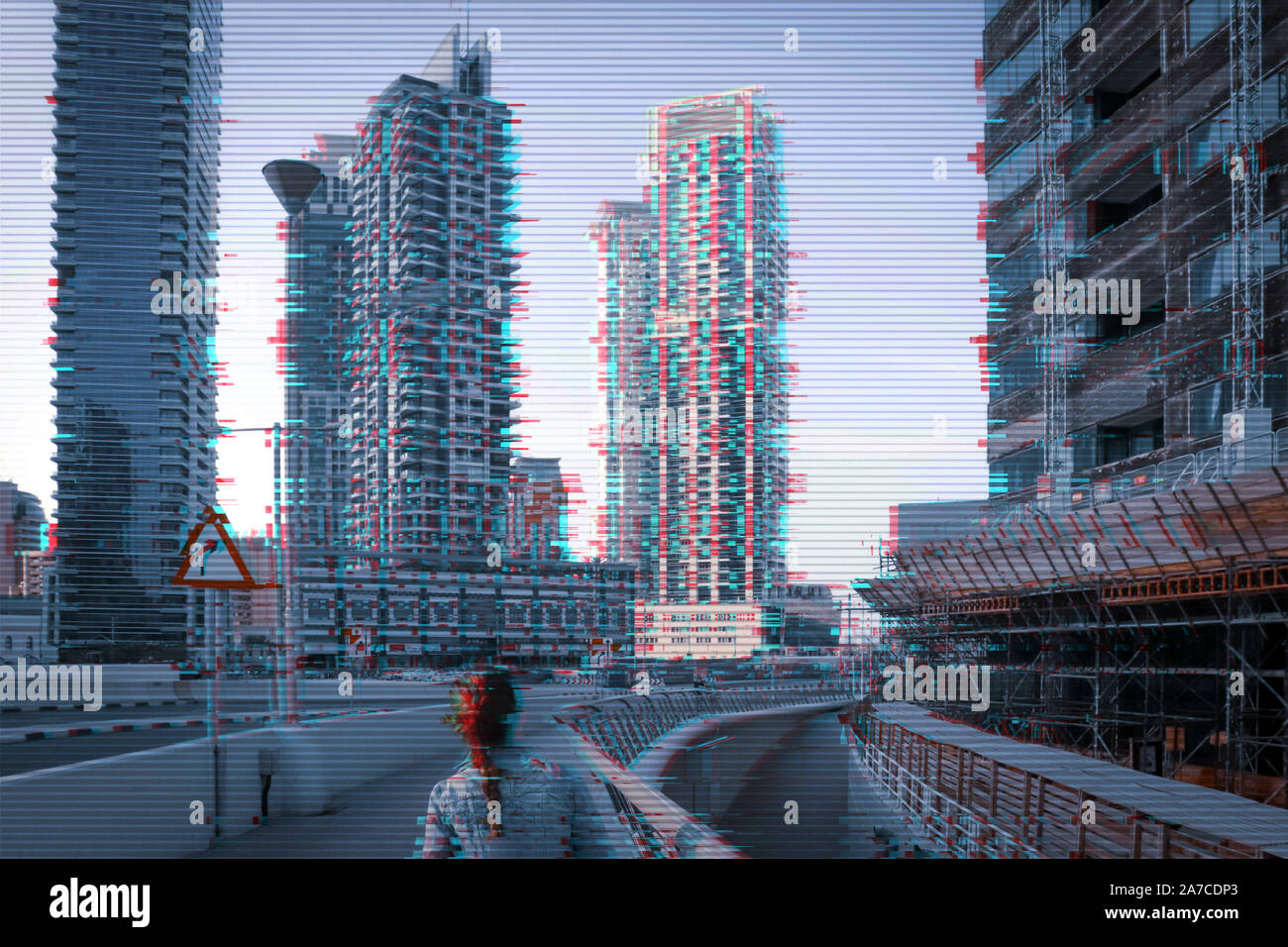 Design von 3D-Muster mit Stadt glitch. Digitale pixel Fehler. Abstrakte Bildschirm glitch Lärm Textur. Stockfoto