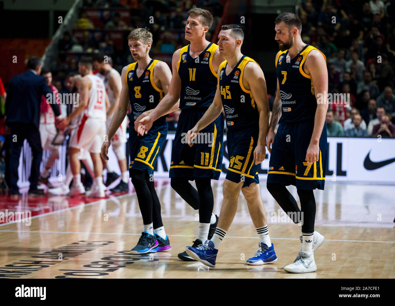 Belgrad, Serbien. 31 Okt, 2019. Vyacheslav Zaytsev von chimki Moskau Region, Jonas Jerebko von chimki Moskau, Dairis Bertans von chimki Moskau Region und Sergey Karasev von chimki Moskau. Credit: Nikola Krstic/Alamy leben Nachrichten Stockfoto