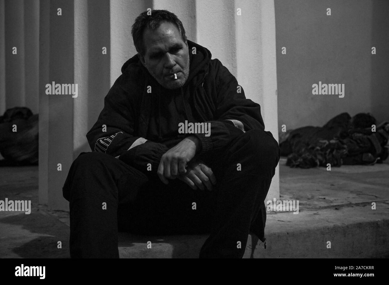 Darren, der vor kurzem aus dem Gefängnis entlassen wurde, ist obdachlos auf der Straße leben in Brighton von der Unitarian Church Stockfoto