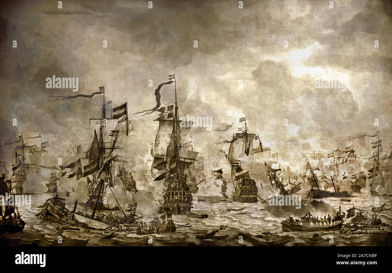 Schlacht im Sound zwischen der niederländischen und der schwedischen Flotten, 8. November 1658, im Vordergrund ein sinkendes schwedische Kriegsschiff, ein Brenner und einige Schaluppen mit Überlebenden von Willem van de Velde der Ältere 1610/11 - 1693 war ein niederländischer Golden Age marine Maler. Die Niederlande Stockfoto