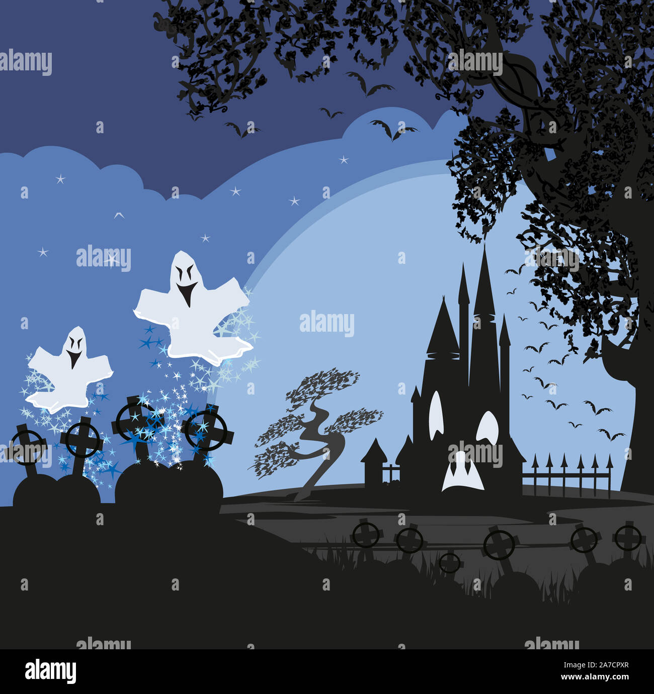 Halloween-Landschaft mit geisterhafte Figur und Friedhof Stockfoto