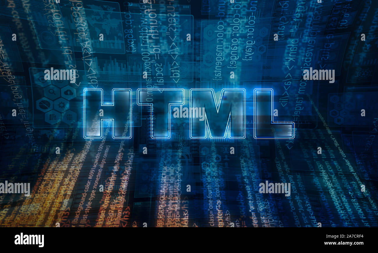 HTML Text in Neon style in technologisch fortgeschrittenen und futuristischen Hintergrund mit Codes platziert. Stockfoto