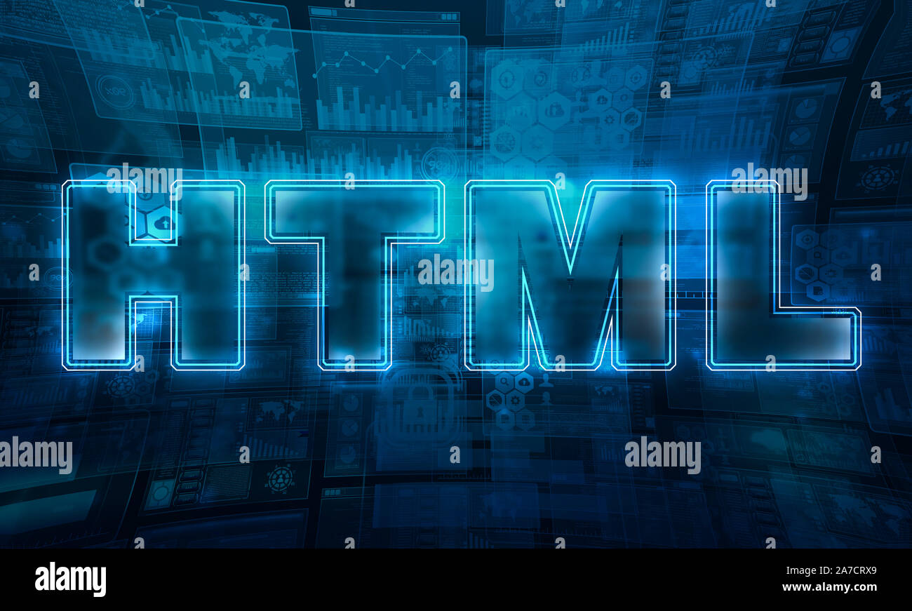 HTML Text in Neon style in technologisch fortgeschrittenen und futuristischen Hintergrund platziert. Stockfoto