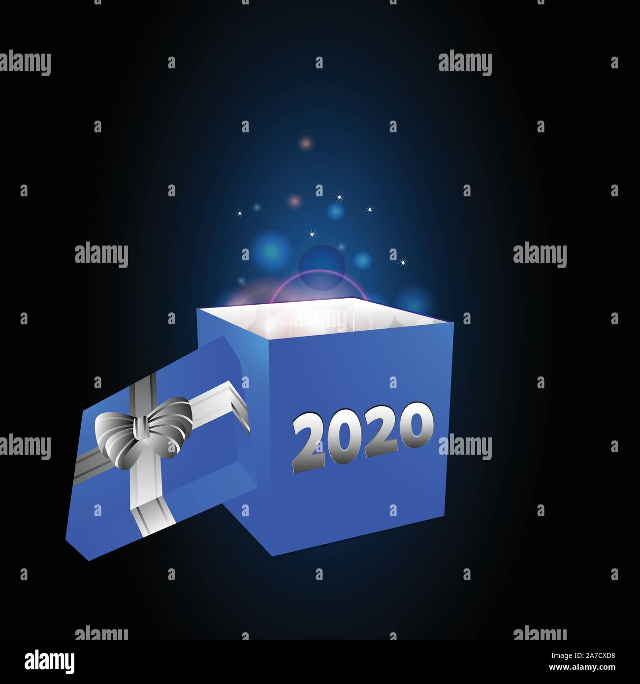 3D-Darstellung der neuen Jahre blauen Geschenkbox mit Schleife und 2020 Datum mit leuchtenden Materie Aus es über schwarzen und blauen Hintergrund Stock Vektor