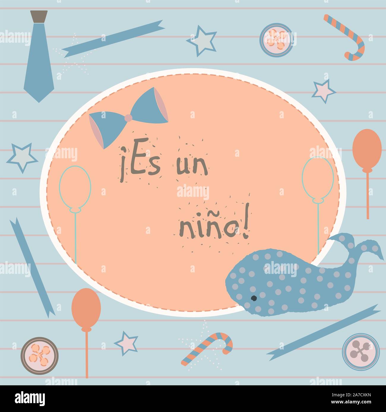 "Es un Nino" bedeutet "Es ist ein Junge" in Spanischer Sprache. Baby Geburt Ansage. Cute Blauwal verkündet die Ankunft eines Jungen. Vom Baby Showe Stock Vektor