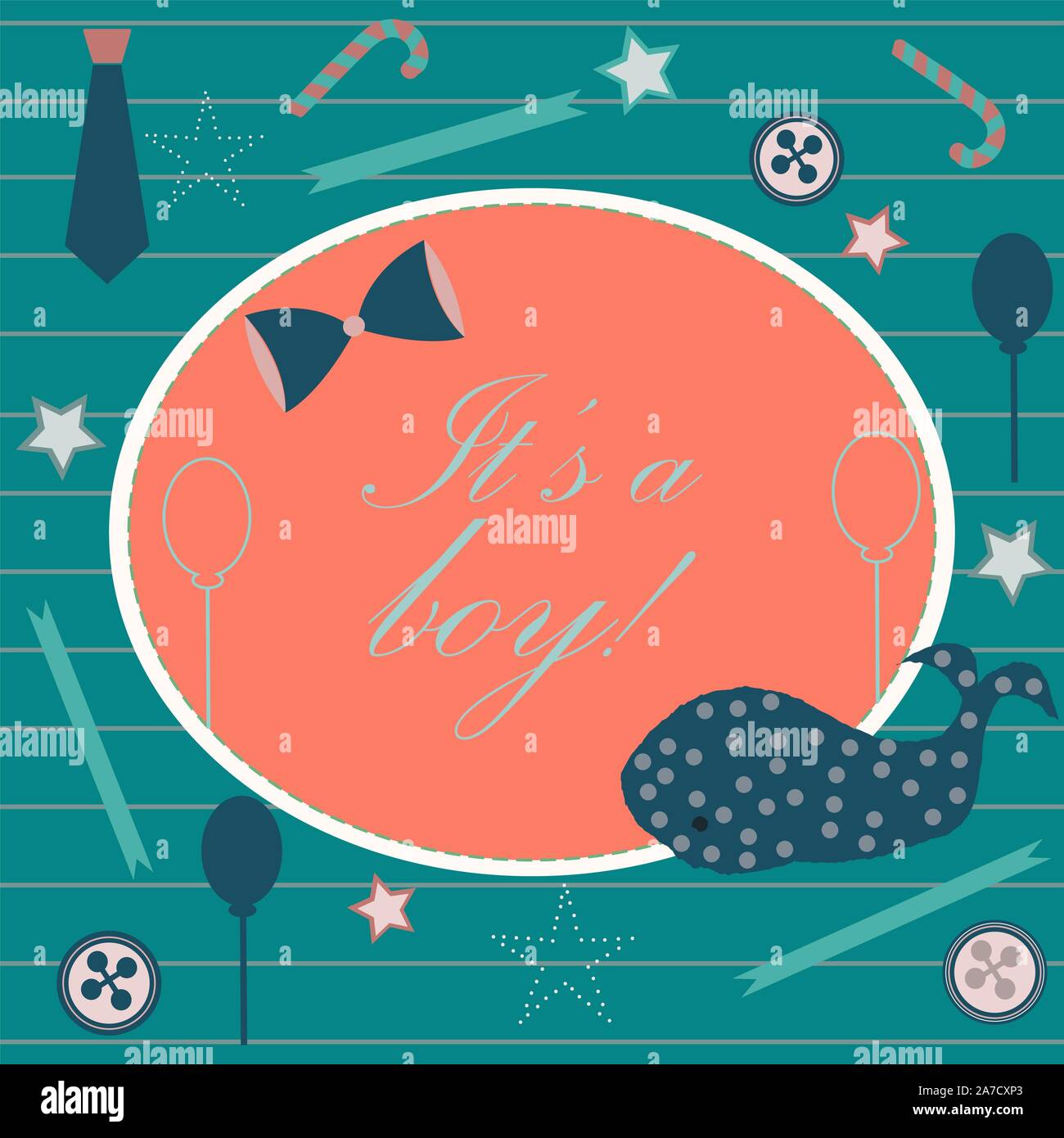 Baby Geburt Ansage. Baby-dusche-Einladung Karte. Cute Wal kündigt die Ankunft des Jungen. Card Design auf Teal Hintergrund mit Bändern, Riegel, b Stock Vektor