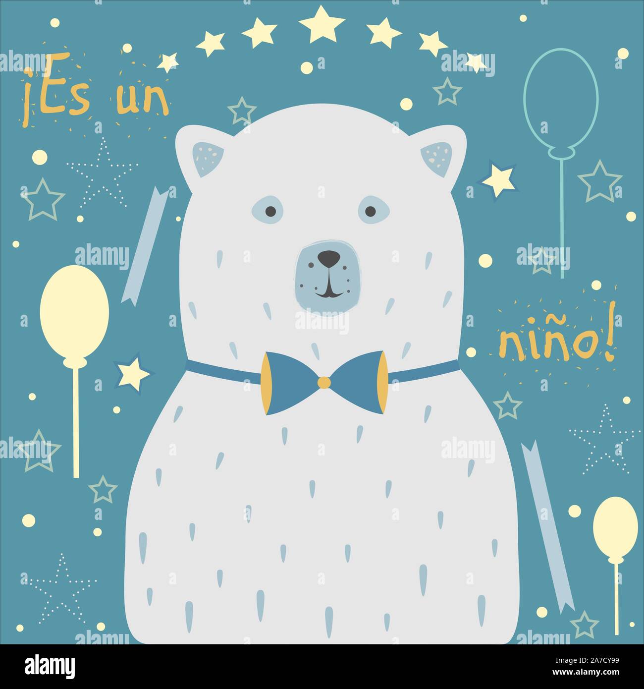 "Es un Nino" bedeutet "Es ist ein Junge" in Spanischer Sprache. Baby Geburt Ansage. Cute Polar Bear verkündet die Ankunft eines Jungen. Vom Baby Showe Stock Vektor