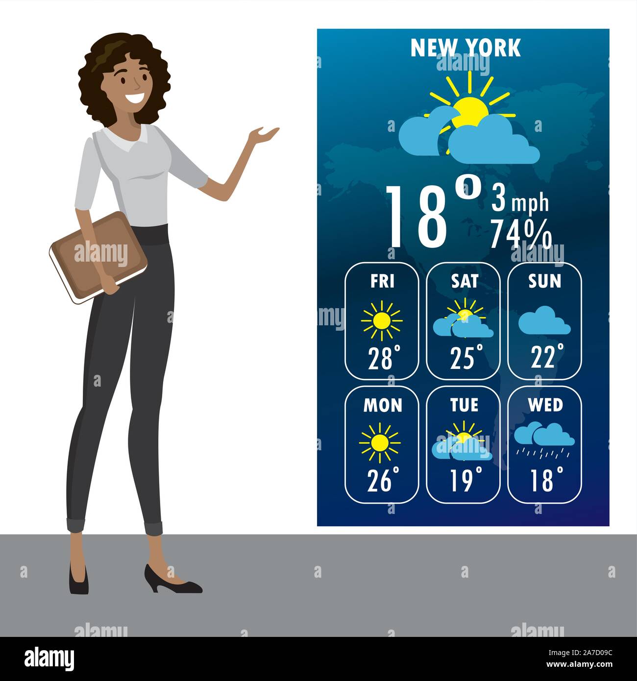 Junge afrikanische amerikanische Frau im Fernsehen erzählt eine Wettervorhersage, cartoon Vector Illustration Stock Vektor