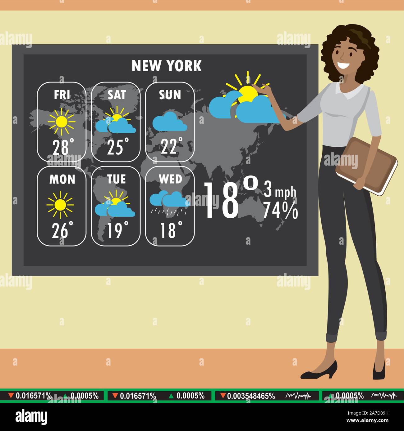 Junge afrikanische amerikanische Frau im Fernsehen erzählt eine Wettervorhersage, cartoon Vector Illustration Stock Vektor