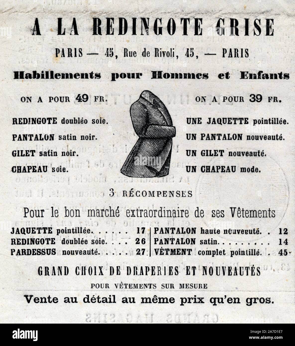 Publicité ancienne. 1871. à la redingote grise Stockfoto