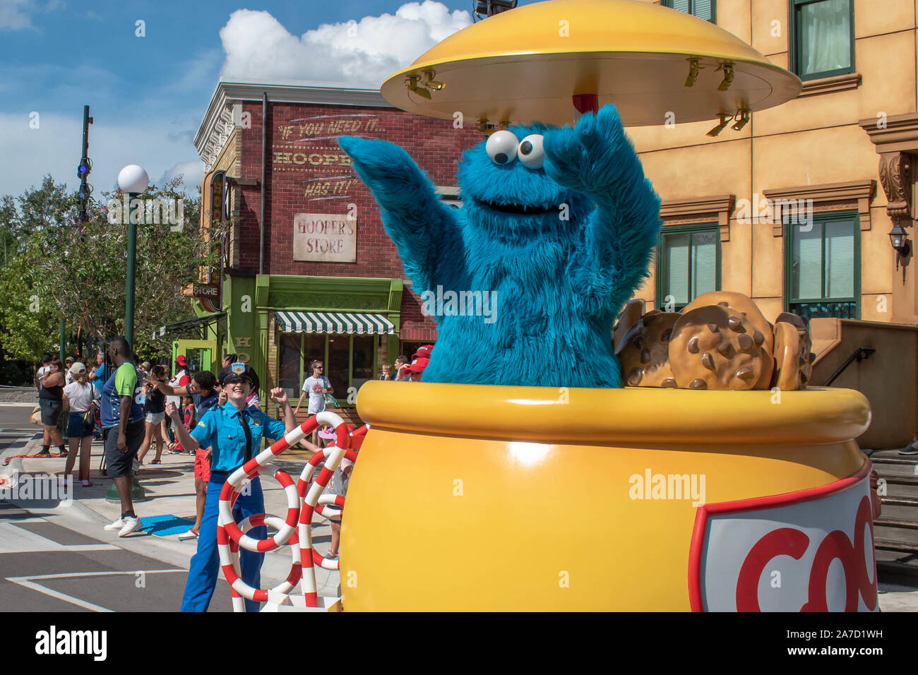 Orlando, Florida. Oktober 29, 2019. Cookie Monster in Sesame Street Party Parade in Seaworld Stockfoto