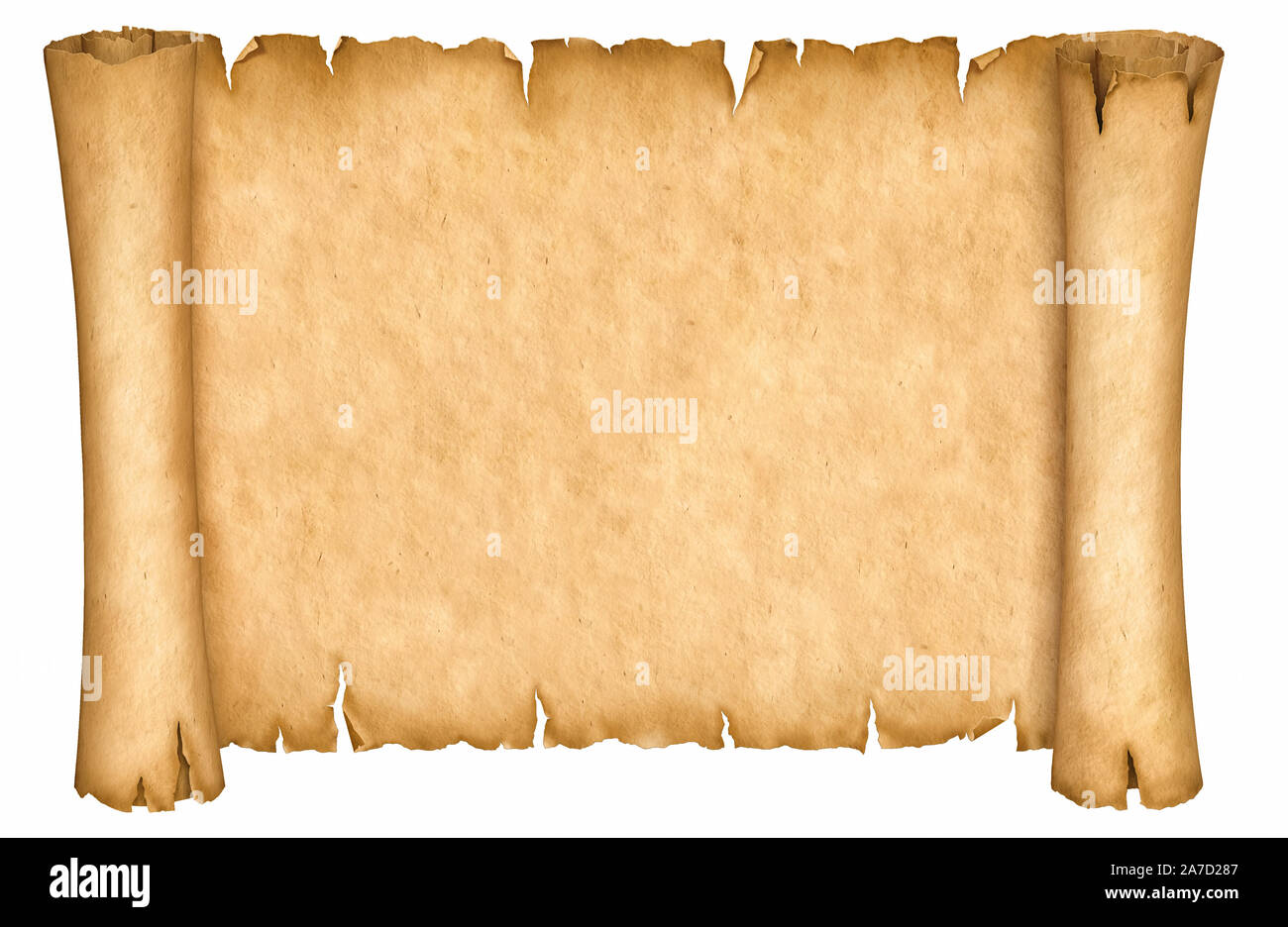 Altes Papier Manuskript oder Papyrusrolle horizontal ausgerichtet auf weißem Hintergrund. Stockfoto