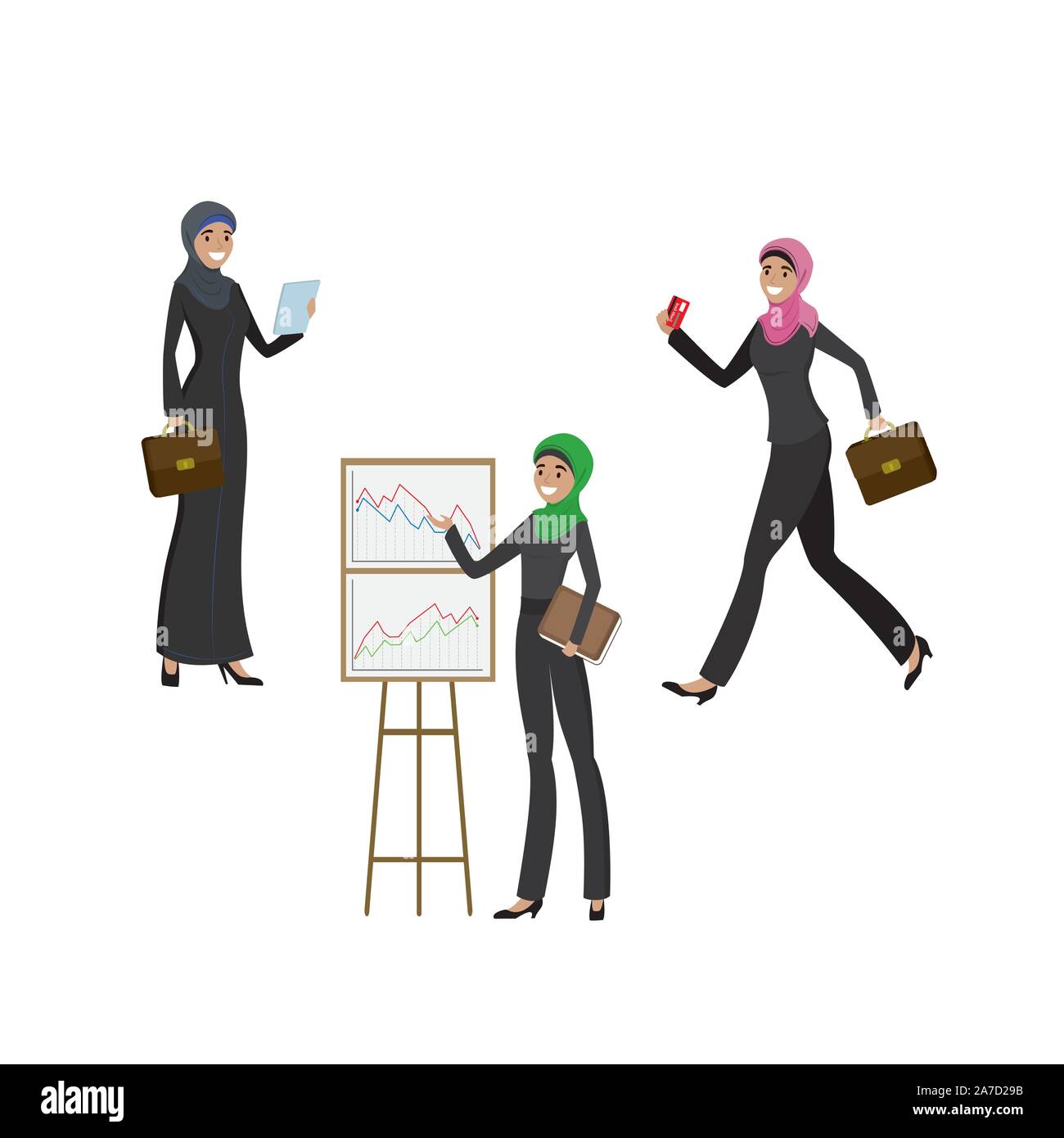 Arabische business Frauen in unterschiedlichen Aktivitäten, Präsentation, stehend, cartoon Vector Illustration Stock Vektor