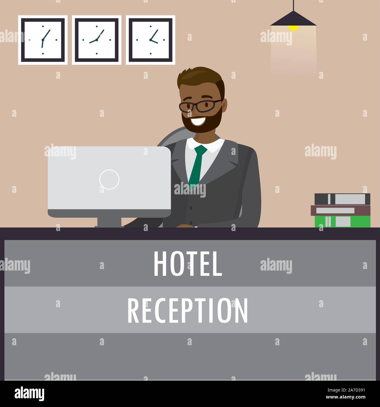 Afrikanische amerikanische Mann am Empfang im Hotel Rezeption sitzen. Reisen, Gastfreundschaft, hotel reservierung Konzept. Karton Vector Illustration Stock Vektor