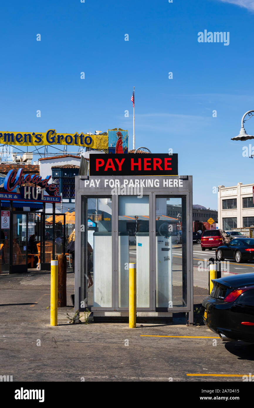 Parkplatz bezahlen, Kiosk, Fisherman's Wharf, San Francisco, Kalifornien Vereinigte Staaten von Amerika Stockfoto