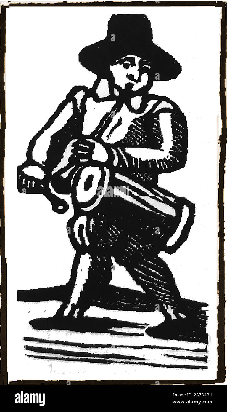 18. Jahrhundert Holzschnitte mit Straßenverkäufer, Entertainer und 'criers" - ein Mann spielt eine Pfeife und Tabor Stockfoto