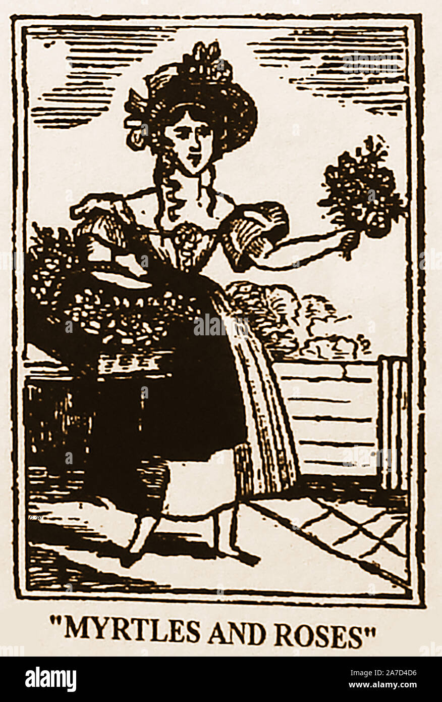18. Jahrhundert Holzschnitte mit Straßenverkäufer, Entertainer und 'criers" - eine frische Blüten und Kraut Verkäufer. Ihr Straße Schrei war 'Myrtle & Rosen". Stockfoto