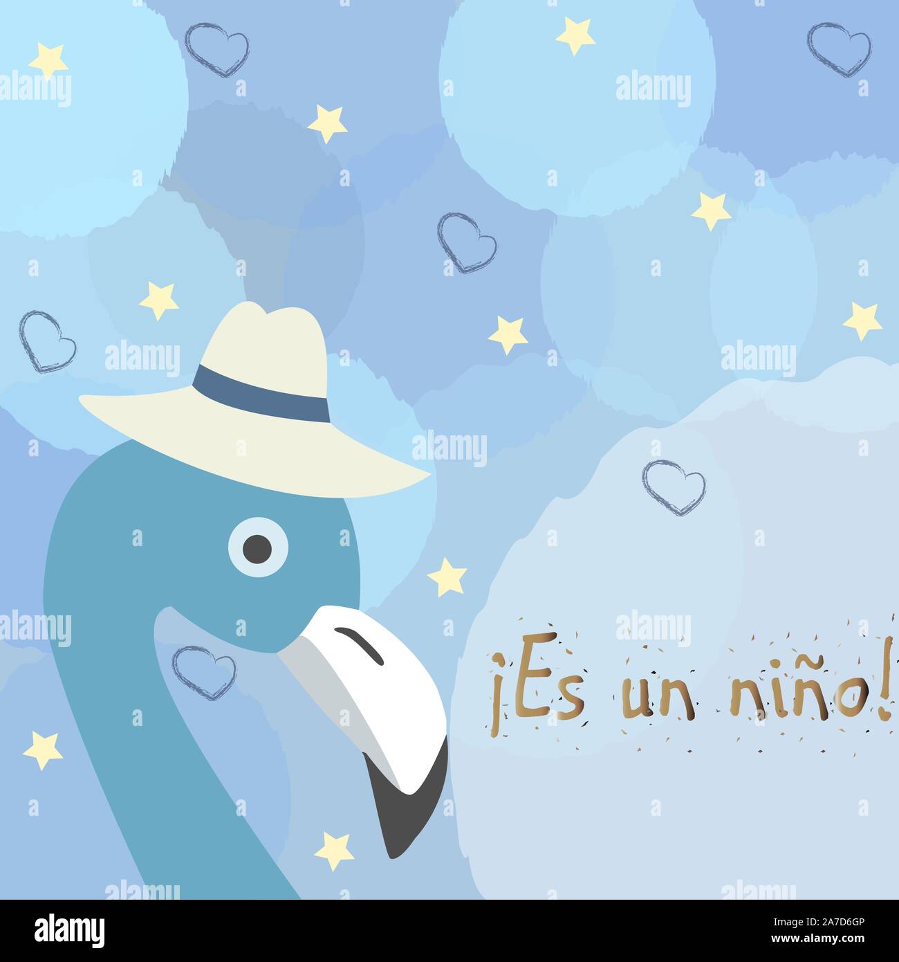 "Es ist ein Junge" in Spanischer Sprache. Es un Nino. Baby Geburt Ansage Karte, Label, Gruß, Gratulation. Süße Vogel kündigt Ankunft des Babys Stock Vektor