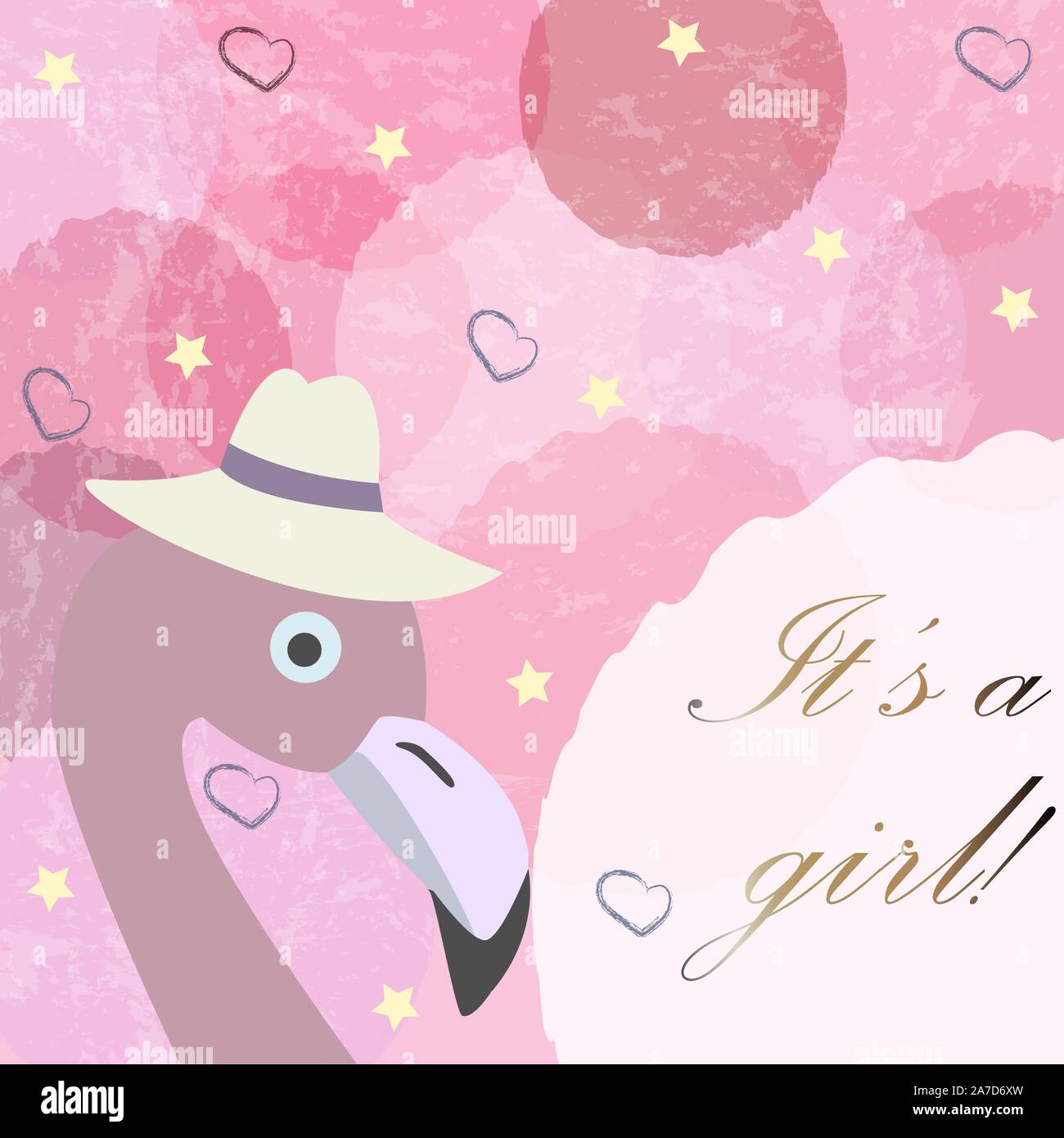 Es ist ein Mädchen. Baby Mädchen Geburt Ansage Karte, Label, Gruß, Gratulation. Cute Vogel kündigt Ankunft der Mädchen. Rosa Hintergrund mit blauen bu Stock Vektor